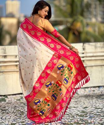 Cream woven lotus meenakari graceful ethnic saree 2