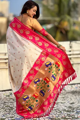 Cream woven lotus meenakari graceful ethnic saree