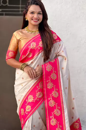 Cream woven lotus meenakari graceful ethnic saree