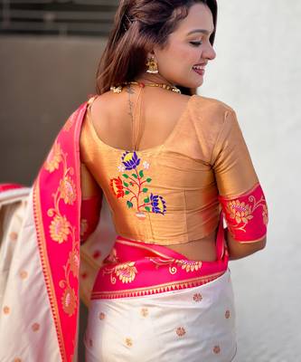 Cream woven lotus meenakari graceful ethnic saree 5
