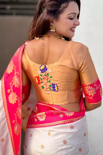 Cream woven lotus meenakari graceful ethnic saree