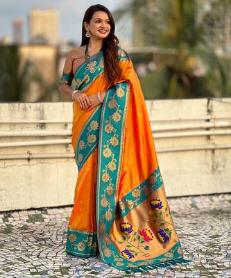 Orange woven lotus meenakari graceful ethnic saree 4