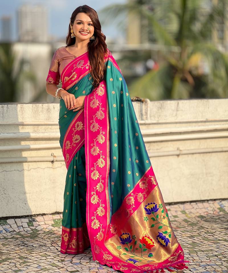 Rama color beautiful  woven lotus meenakari designer graceful ethnic saree