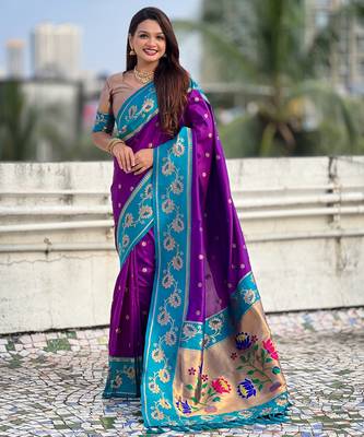 Purple woven lotus meenakari graceful ethnic saree 1