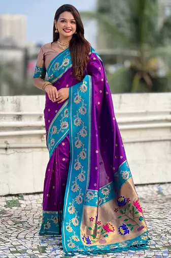 Purple color beautiful  woven lotus meenakari designer graceful ethnic saree