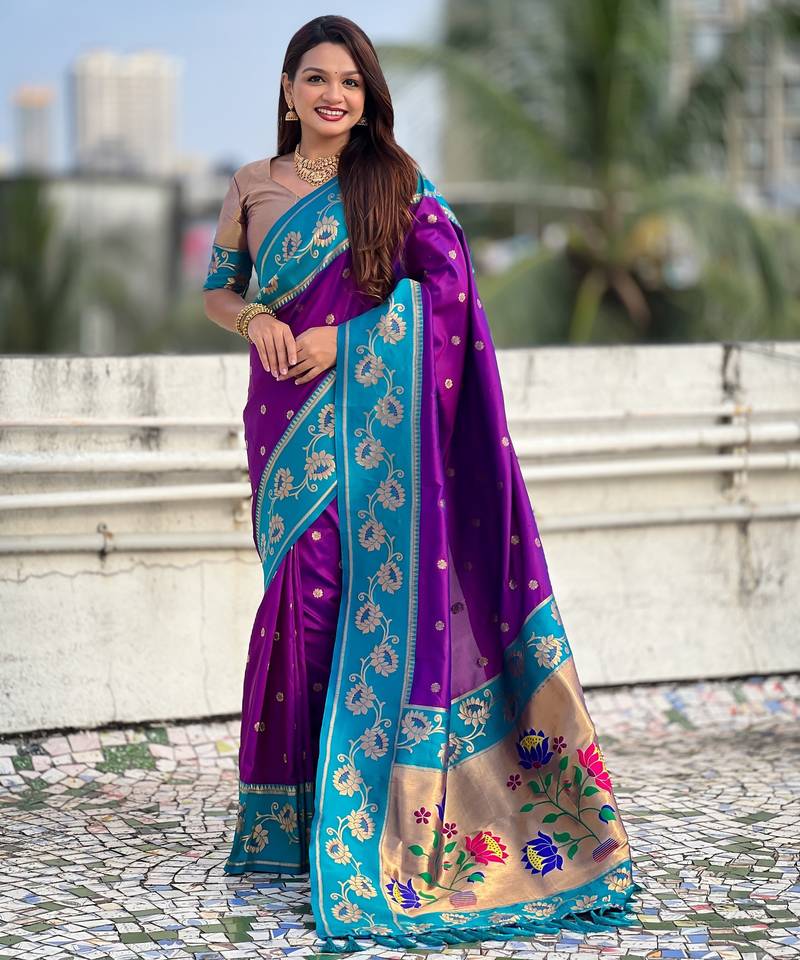 Purple color beautiful  woven lotus meenakari designer graceful ethnic saree