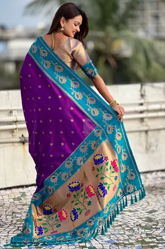 Purple woven lotus meenakari graceful ethnic saree