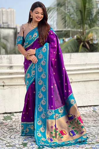 Purple woven lotus meenakari graceful ethnic saree