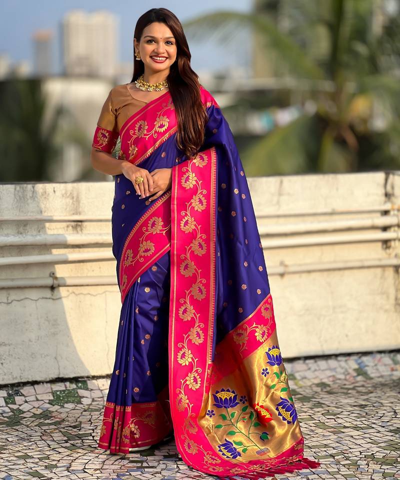 Voilet color beautiful  woven lotus meenakari designer graceful ethnic saree