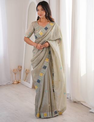 Grey gold crunchy silk blend multy thread embroidery work rich fancy saree 1