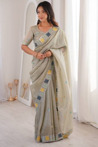 Grey color gold crunchy silk multy thread embroidery work rich fancy saree