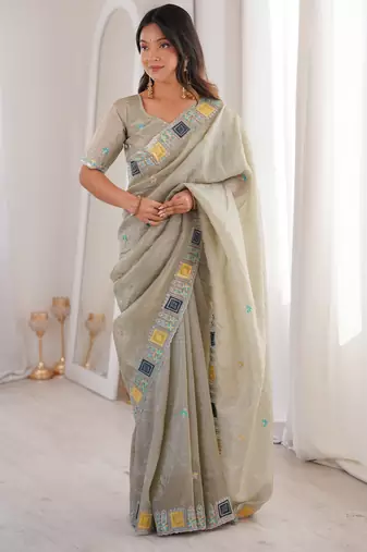 Grey color gold crunchy silk multy thread embroidery work rich fancy saree