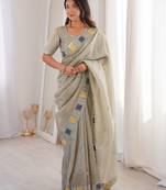 Grey color gold crunchy silk multy thread embroidery work rich fancy saree
