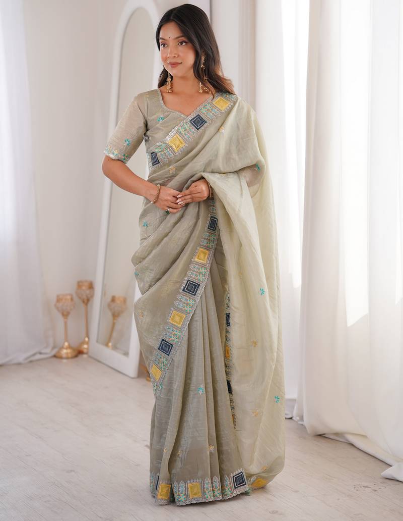 Grey color gold crunchy silk multy thread embroidery work rich fancy saree