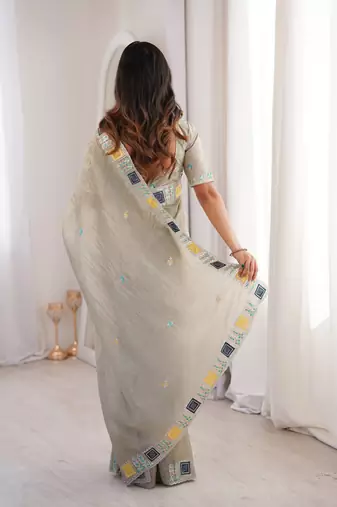 Grey gold crunchy silk blend multy thread embroidery work rich fancy saree