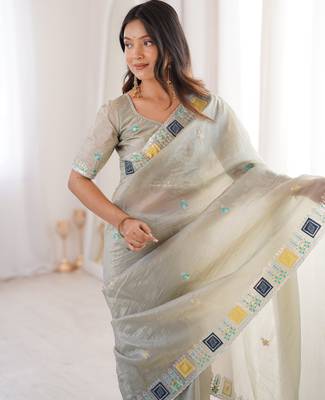 Grey gold crunchy silk blend multy thread embroidery work rich fancy saree 3