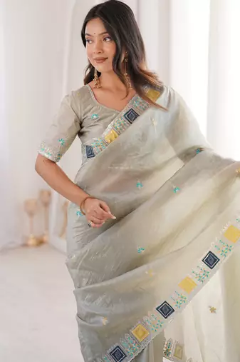 Grey gold crunchy silk blend multy thread embroidery work rich fancy saree