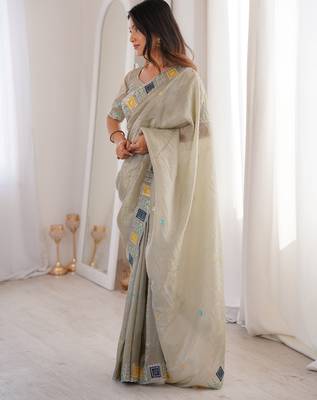 Grey gold crunchy silk blend multy thread embroidery work rich fancy saree 4