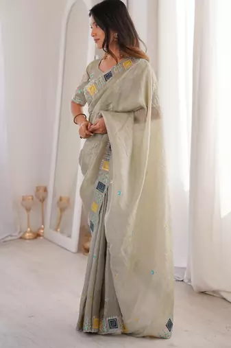 Grey gold crunchy silk blend multy thread embroidery work rich fancy saree