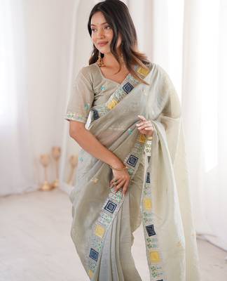 Grey gold crunchy silk blend multy thread embroidery work rich fancy saree 5