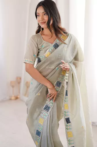 Grey gold crunchy silk blend multy thread embroidery work rich fancy saree