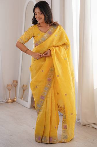 Yellow color gold crunchy silk multy thread embroidery work rich fancy saree