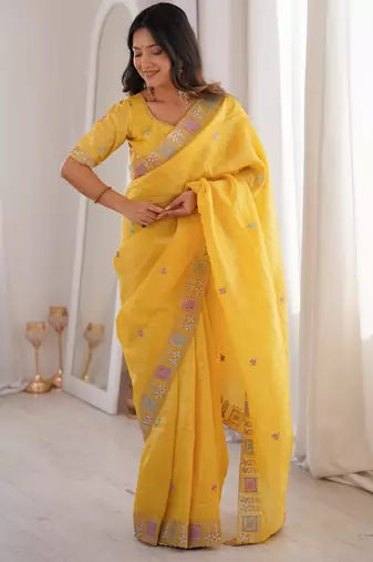 Yellow color gold crunchy silk multy thread embroidery work rich fancy saree
