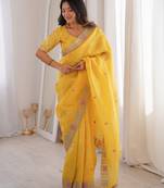 Yellow color gold crunchy silk multy thread embroidery work rich fancy saree