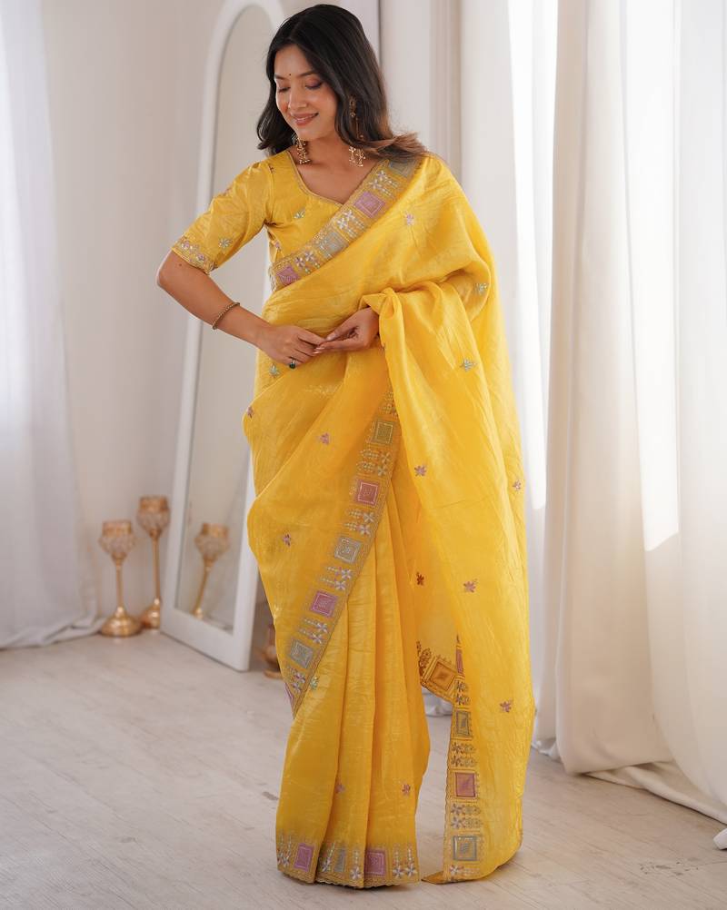 Yellow color gold crunchy silk multy thread embroidery work rich fancy saree