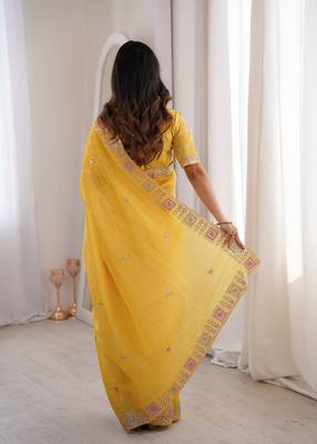 Yellow gold crunchy silk blend multy thread embroidery work rich fancy saree 2