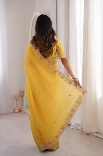 Yellow gold crunchy silk blend multy thread embroidery work rich fancy saree