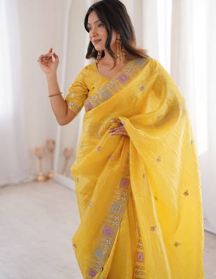 Yellow gold crunchy silk blend multy thread embroidery work rich fancy saree 3