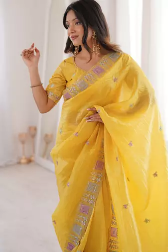 Yellow gold crunchy silk blend multy thread embroidery work rich fancy saree
