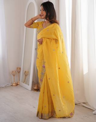 Yellow gold crunchy silk blend multy thread embroidery work rich fancy saree 4