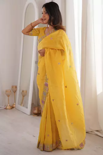 Yellow gold crunchy silk blend multy thread embroidery work rich fancy saree
