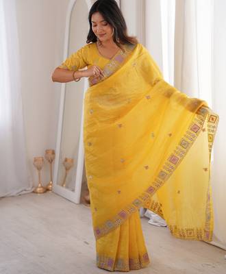 Yellow gold crunchy silk blend multy thread embroidery work rich fancy saree 5