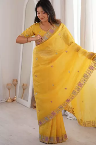 Yellow gold crunchy silk blend multy thread embroidery work rich fancy saree