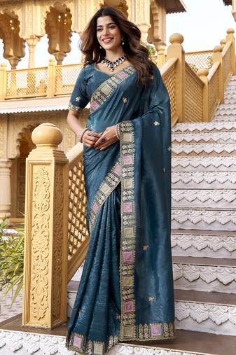 Teal color gold crunchy silk multy thread embroidery work rich fancy saree