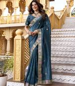 Teal color gold crunchy silk multy thread embroidery work rich fancy saree