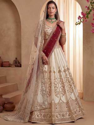 Radiant Off-White Sequins Silk Bridal Lehenga Choli With Double Dupatta 1