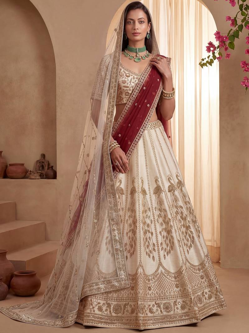 Radiant Off-White Sequins Silk Bridal Lehenga Choli With Double Dupatta