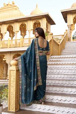 Teal gold crunchy silk blend multy thread embroidery work rich fancy saree 2