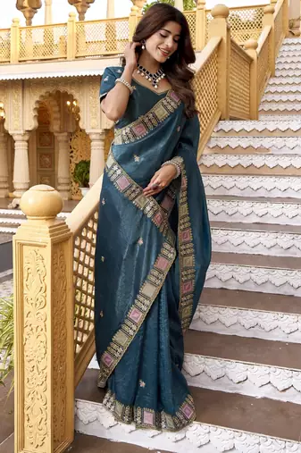 Teal gold crunchy silk blend multy thread embroidery work rich fancy saree