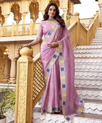 Pink gold crunchy silk blend multy thread embroidery work rich fancy saree 1