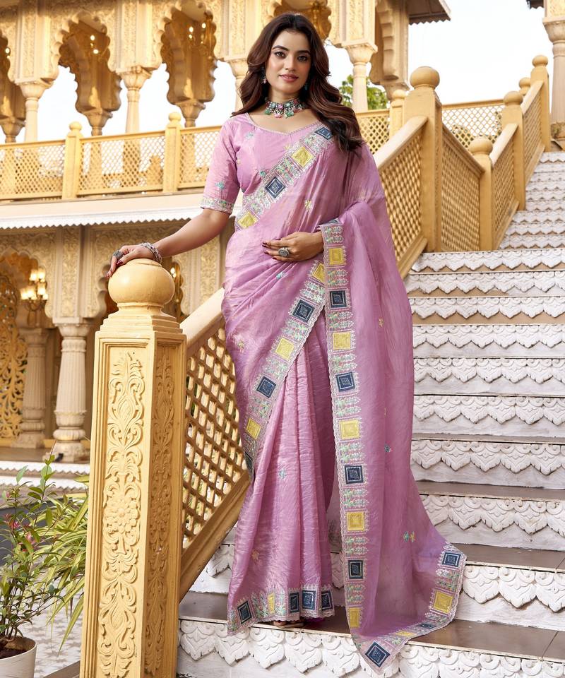 Pink color gold crunchy silk multy thread embroidery work rich fancy saree
