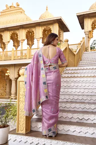Pink gold crunchy silk blend multy thread embroidery work rich fancy saree