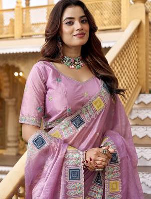 Pink gold crunchy silk blend multy thread embroidery work rich fancy saree 3