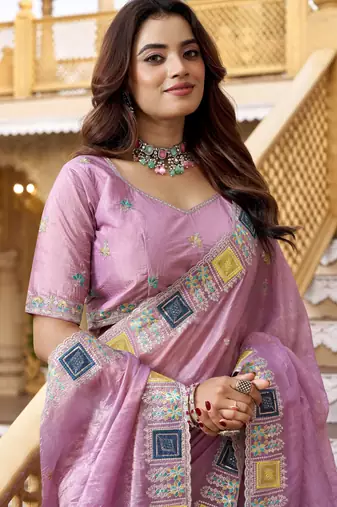 Pink gold crunchy silk blend multy thread embroidery work rich fancy saree