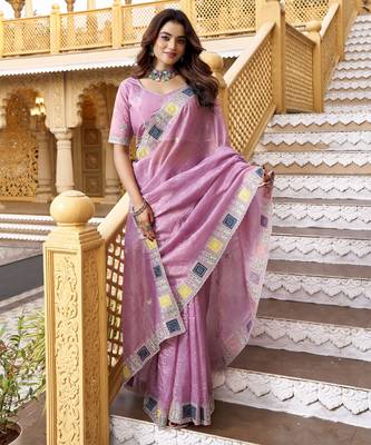 Pink gold crunchy silk blend multy thread embroidery work rich fancy saree 4