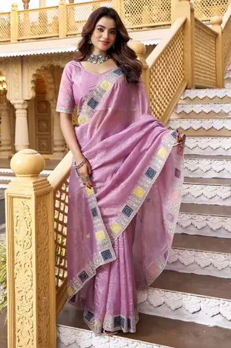 Pink gold crunchy silk blend multy thread embroidery work rich fancy saree